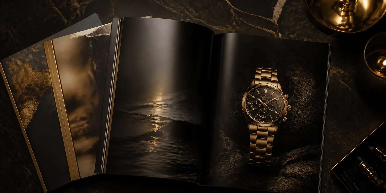 Open luxury lifestyle magazines on dark marble